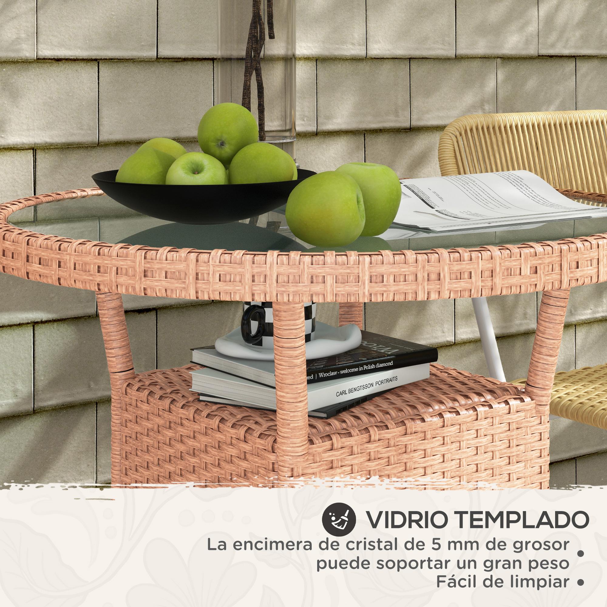 Mesa de Ratán Redonda Ø80x75 cm Mesa de Jardín con Estante Tablero de Vidrio y Marco de Acero Carga 50 kg para Terraza Patio Natural