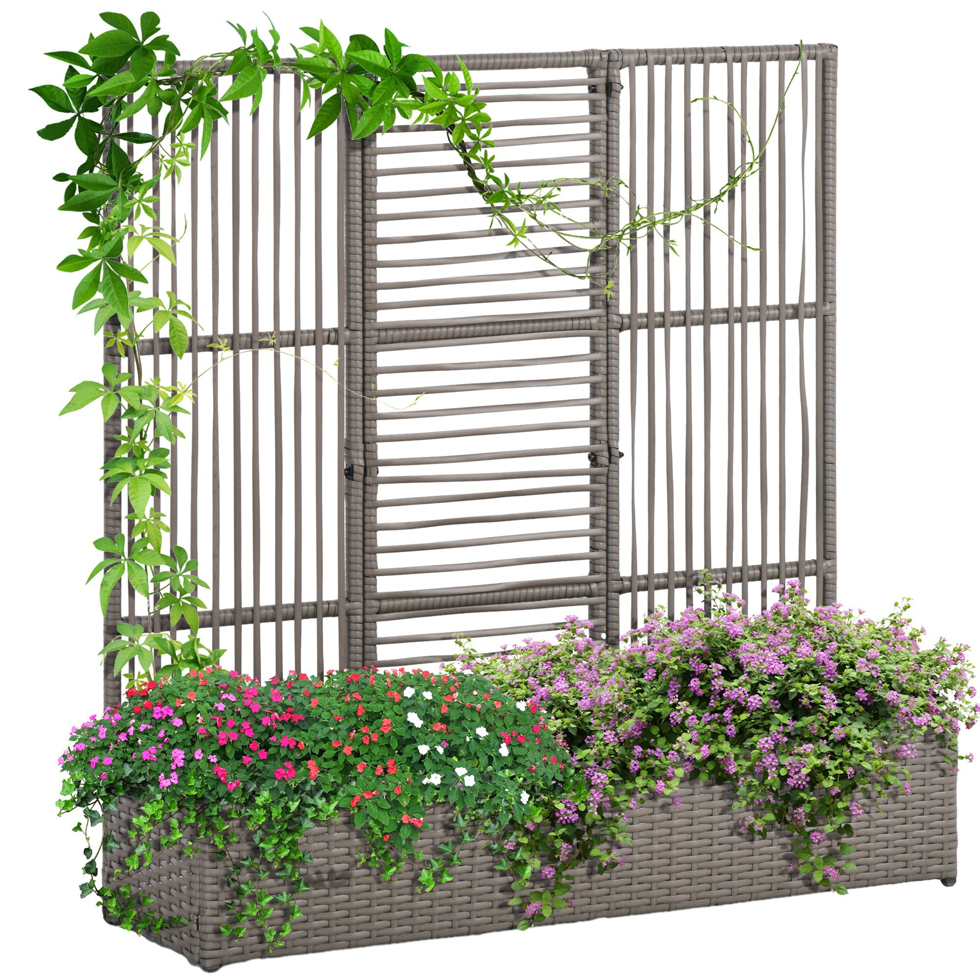 Jardinière avec treillis haut dim. 103L x 29l x 103H cm résine tressée PE aspect rotin gris