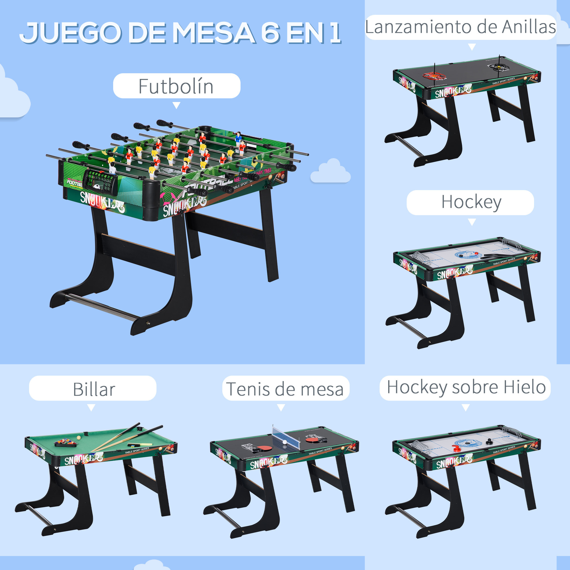 Mesa Multijuegos Plegable 6 en 1 Billar Futbolín Ping Pong Hockey 118x104x71 cm