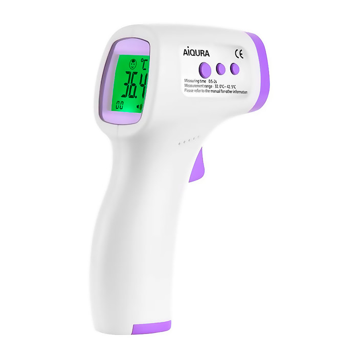 Termómetro frontal infrarrojo AD801 con medición en 0,5 segundos y alta precisión. Modos de temperatura corporal y superficies con pantalla LCD, memoria de registros con alerta visual y sonora.
