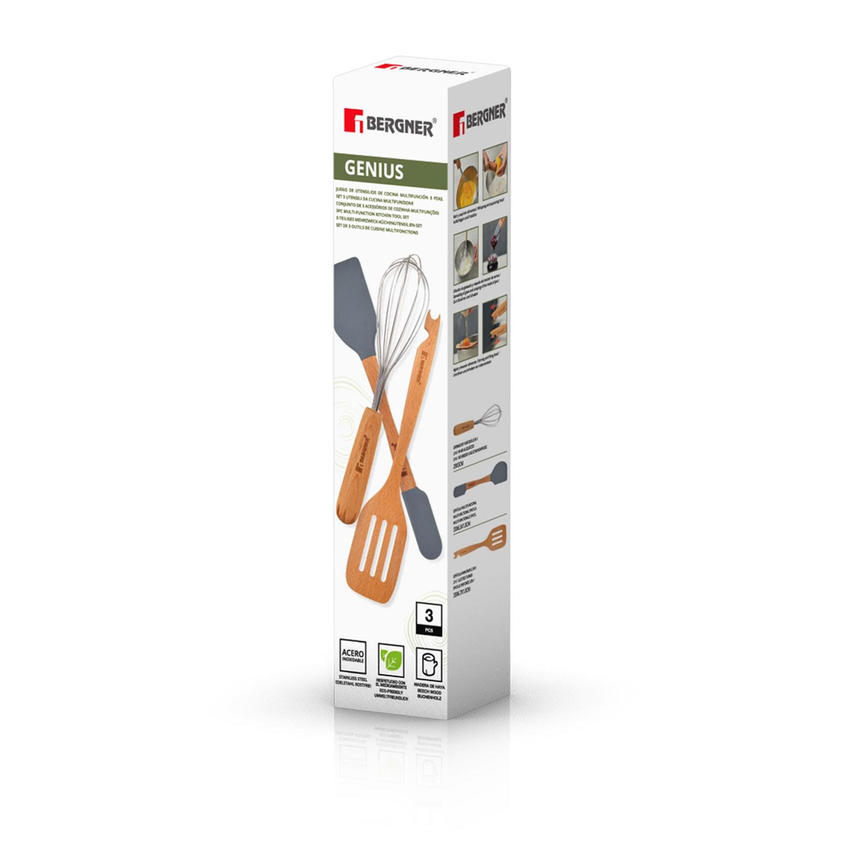 Juego de 3 Utensilios 2 en 1 de cocina Multifunción GENIUS en madera y silicona Bergner.