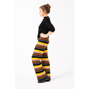 Mamatayoe Painting. Pantalón Largo Acampanado de Rayas para Mujer de Color Negro, Amarillo y Marrón. Pantalón Fluido con Cintura Elástica de Estilo Casual para Otoño Invierno.