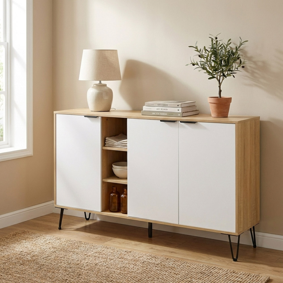 Credenza moderna 3 ante in legno rovere e bianco 142x35