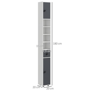 Columna de Baño Moderna Armario Alto de Baño con 1 Cajón 5 Estantes Ajustables y 2 Puertas Mueble de Baño Carga 30 kg 20x20x180 cm Gris