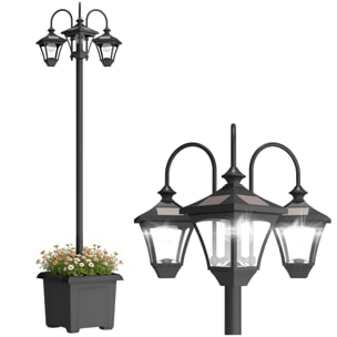 Lampadaire extérieur 3 têtes LED avec bac à fleurs noir