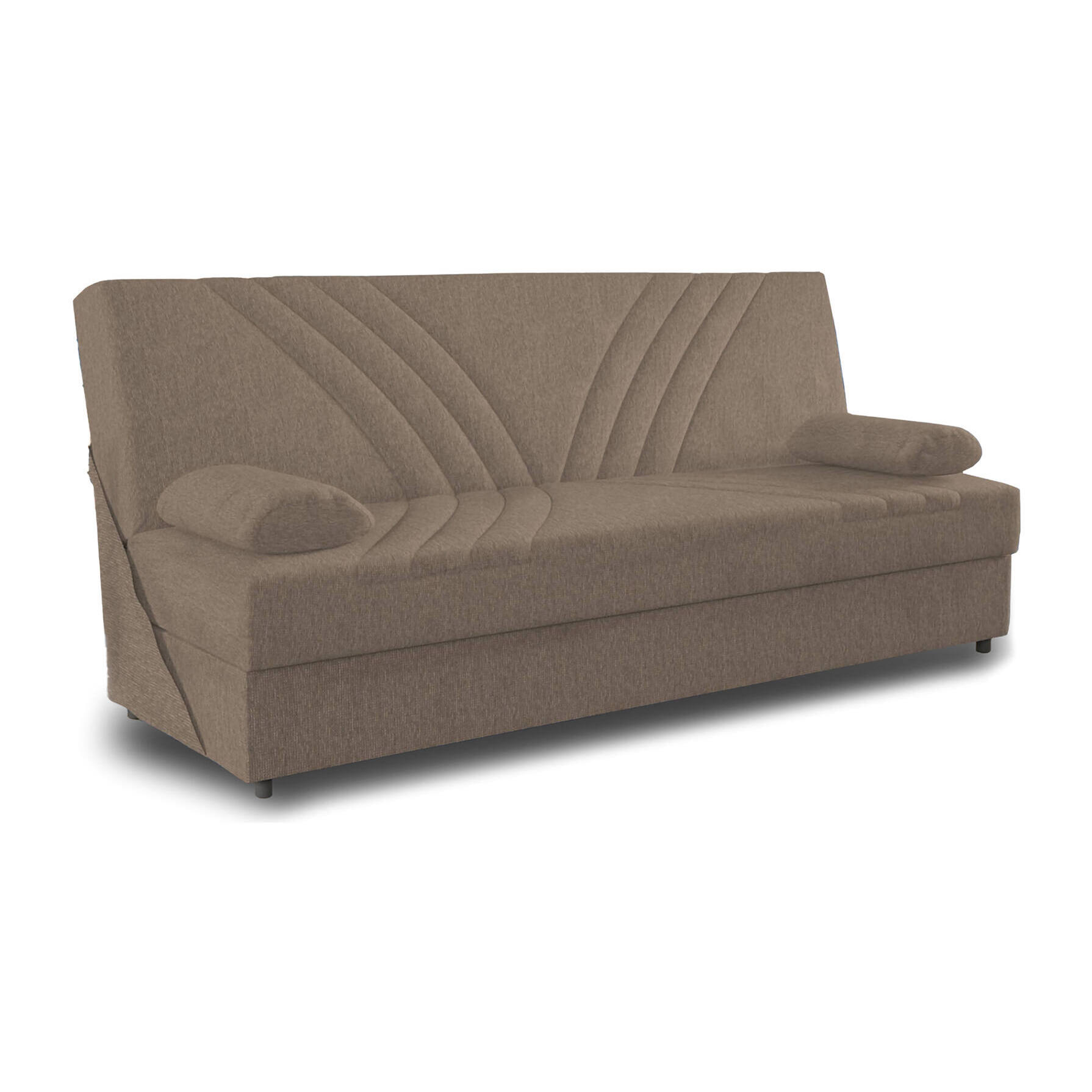 Divano letto Ramon, Divano letto contenitore a 3 posti con 2 cuscini inclusi, Sofà da soggiorno in tessuto imbottito con apertura click-clack, Cm 181x81h88, Beige