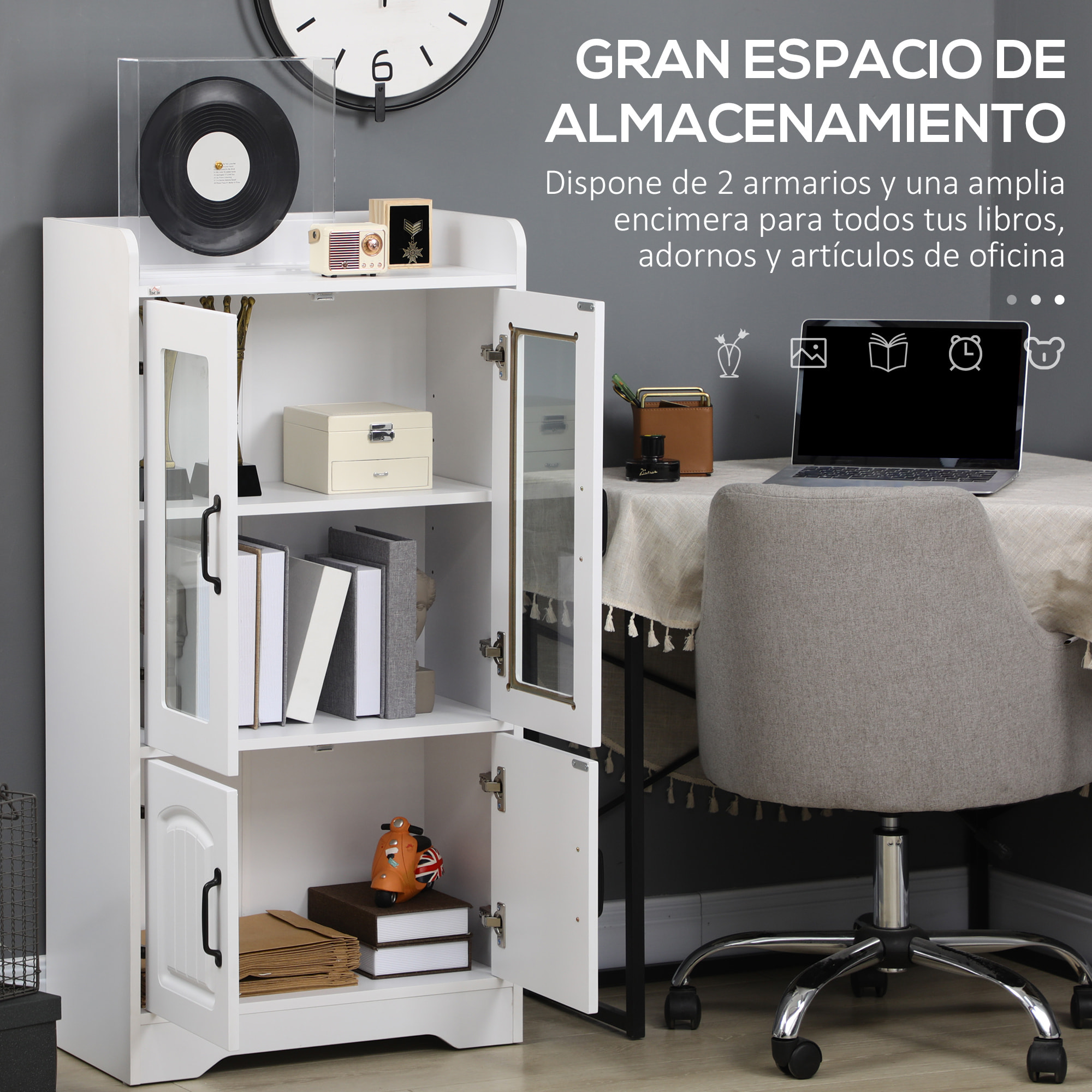 Vitrina de Salón Estantería Librería con Puertas de Vidrio Estante Ajustable y Bisagras de Cierre Suave para Estudio Oficina Dormitorio 60x30x116 cm Blanco