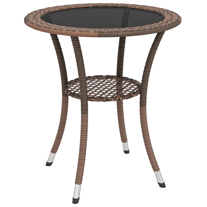 Mesa de Ratán Redonda Ø64x71 cm Mesa de Jardín con Estante Marco de Acero y Tablero de Vidrio Carga 50 kg para Terraza Patio Marrón