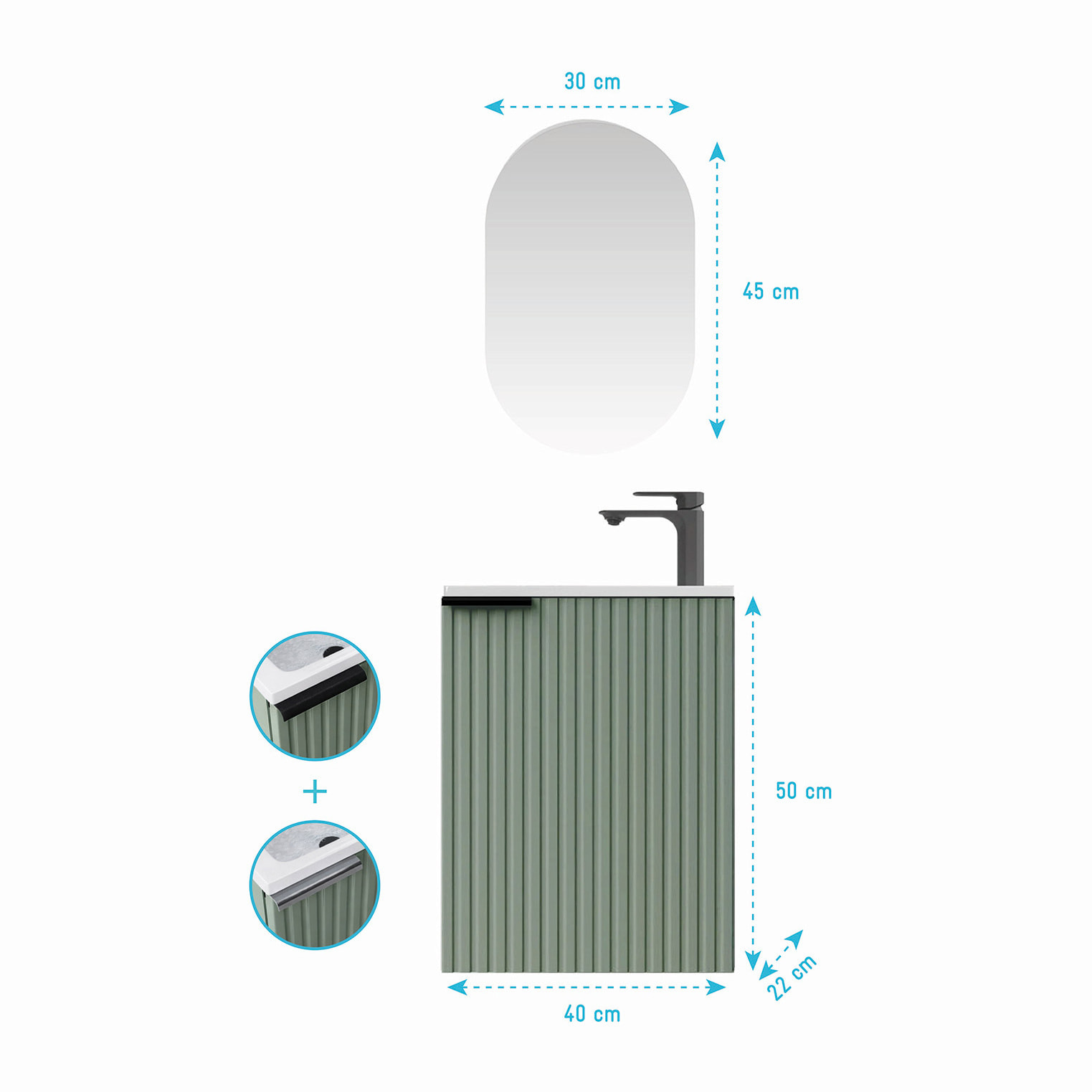 Ensemble meuble lave mains MDF ondulé vert 40x50x22cm et miroir ovale - MILO