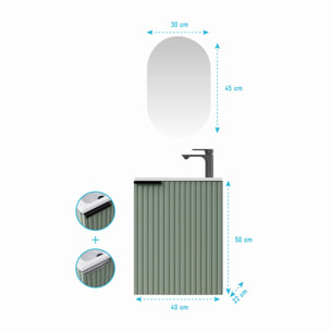 Ensemble meuble lave mains MDF ondulé vert 40x50x22cm et miroir ovale - MILO