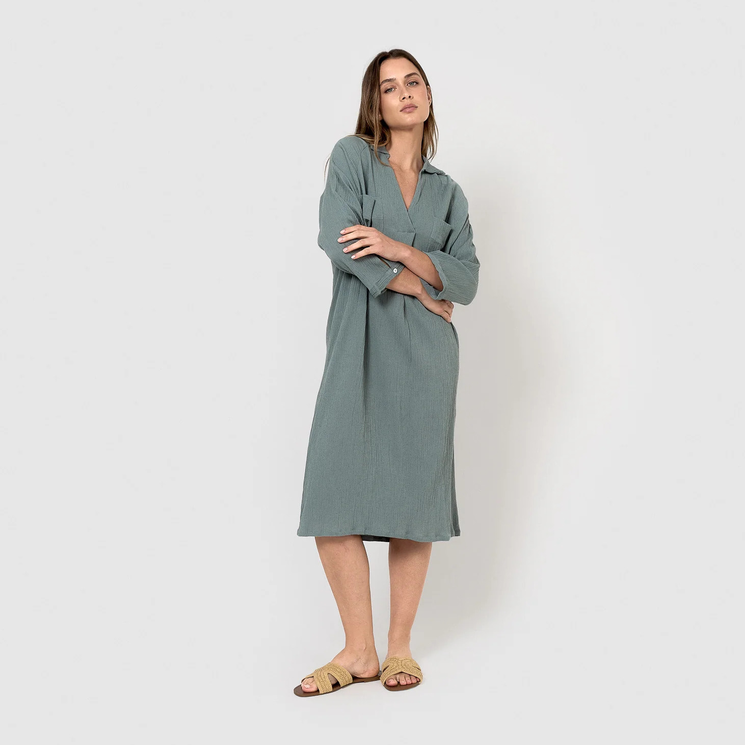 Vestido midi algodón lino verde azulado