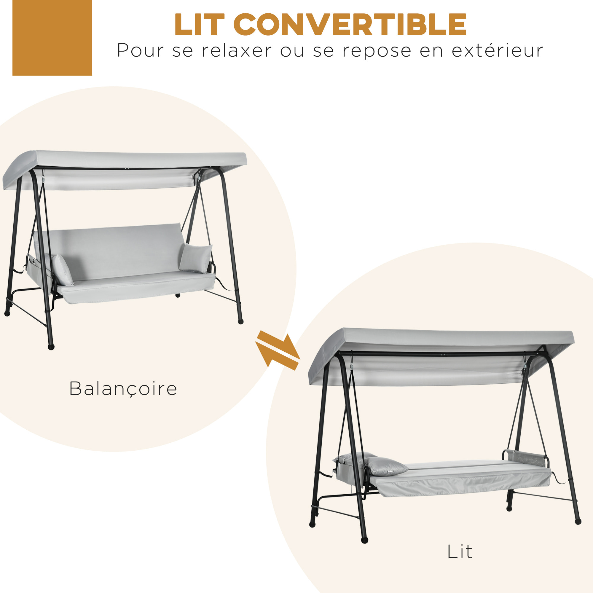 Balancelle de jardin 3 places convertible auvent réglable épais coussins amovibles polyester acier époxy gris clair