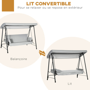 Balancelle de jardin 3 places convertible auvent réglable épais coussins amovibles polyester acier époxy gris clair