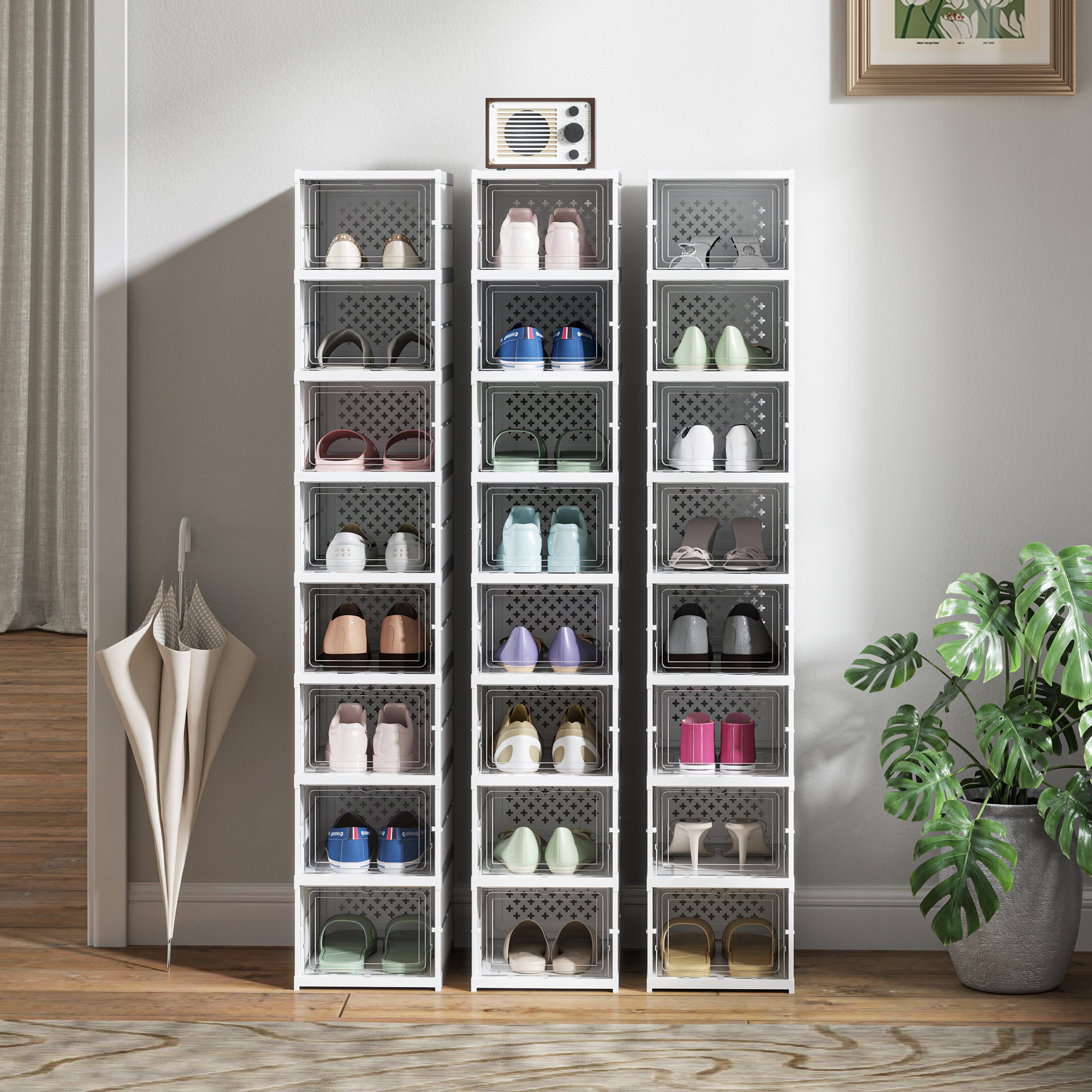Cajas para Zapatos Apilables, Juego de 8 Organizadores para Zapatos Portátil, Zapatero Plegable con Puertas Transparentes, hasta Talla 43, No Requiere Montaje, Blanco