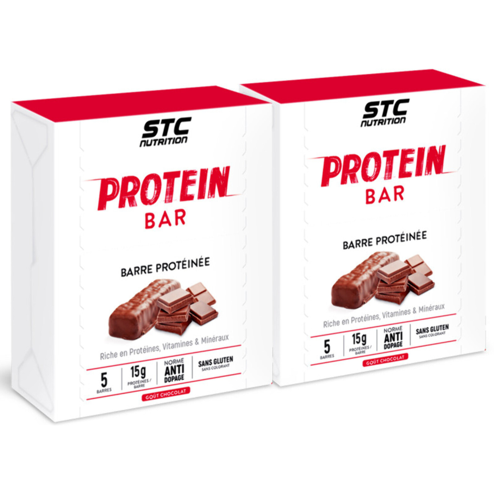 STC Nutrition - Protein Bar Chocolat - 15 g de Protéines par Barre + Vitamines & Minéraux - En-Cas Protéiné - Lot de 2 Étuis de 5 Barres x 45 g