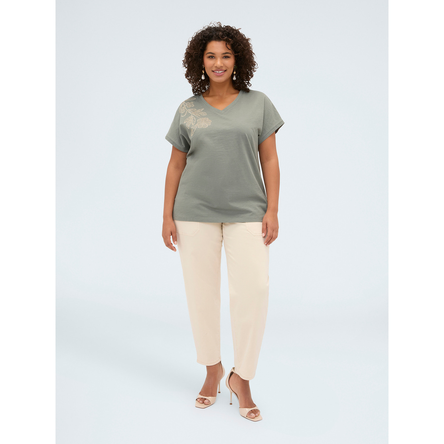 Fiorella Rubino - Camiseta de algodón con aplicación floral - Verde militare