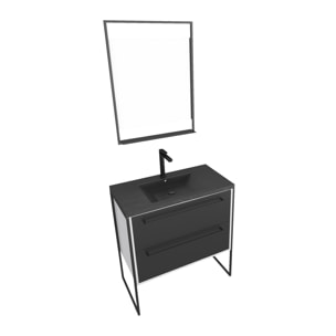 Meuble de salle de bain 80x50cm Blanc - 2 tiroirs - vasque resine noire effet pierre - miroir LED