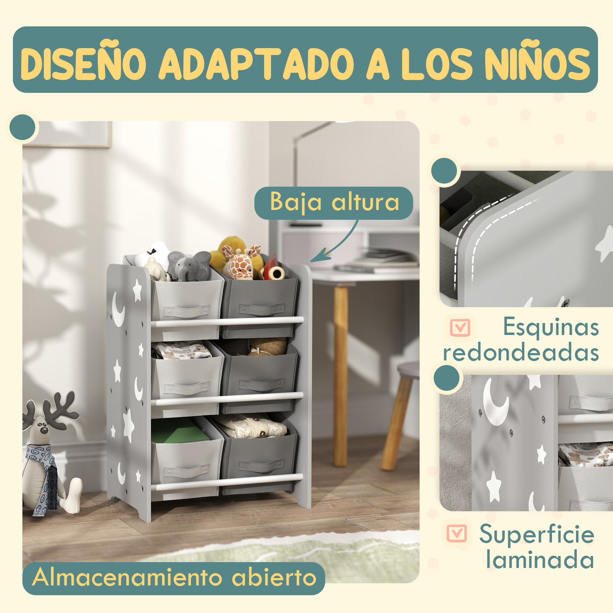 Estantería Infantil para Niños de +3 Años Estantería para Juguetes con 6 Cajas de Tela no Tejida Extraíbles Organizador de Juguetes para Dormitorio Guardería 43x30x60 cm Gris