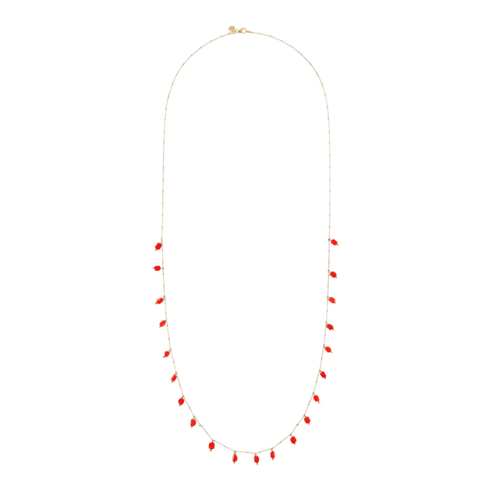 Collana Lunga Rosario con Ciondoli Tondi in Pietra Naturale Corallo Bambù Rosso