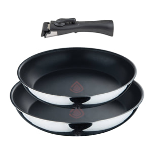 juego de 2 sartenes ø24ø26cm negro + mango desmotable en acero inoxidable con revestimiento antiadherente ilag