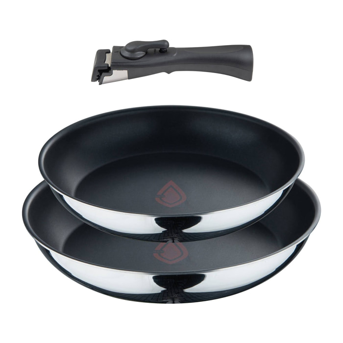 juego de 2 sartenes ø24ø26cm negro + mango desmotable en acero inoxidable con revestimiento antiadherente ilag