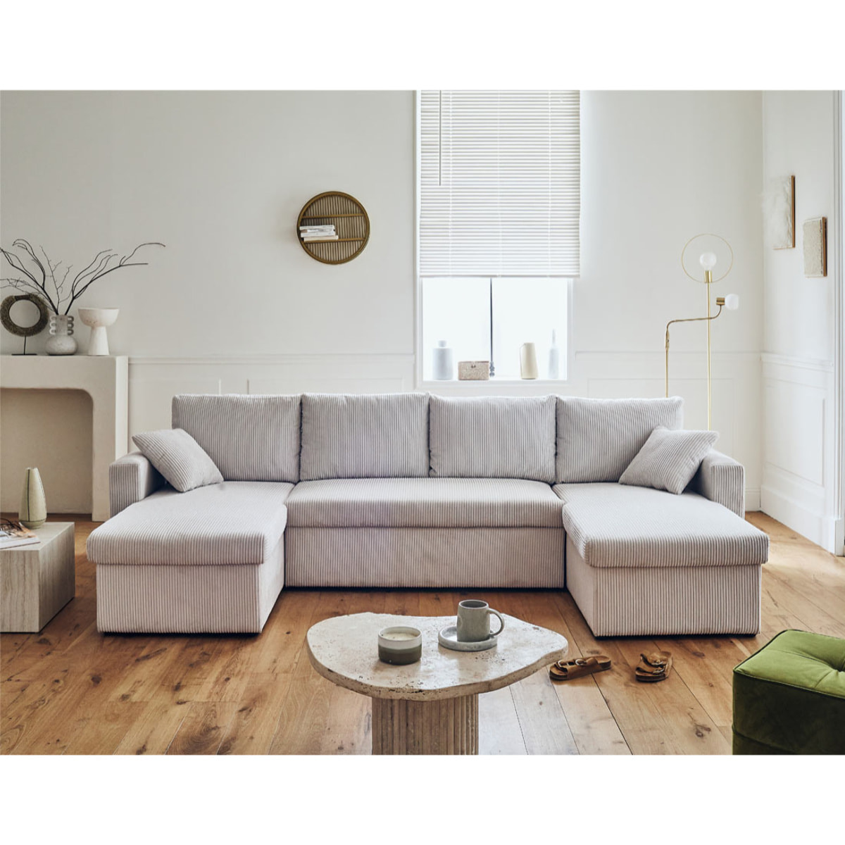 Cyrus - canapé panoramique en U - 7 places - convertible avec coffre - en velours côtelé - Beige