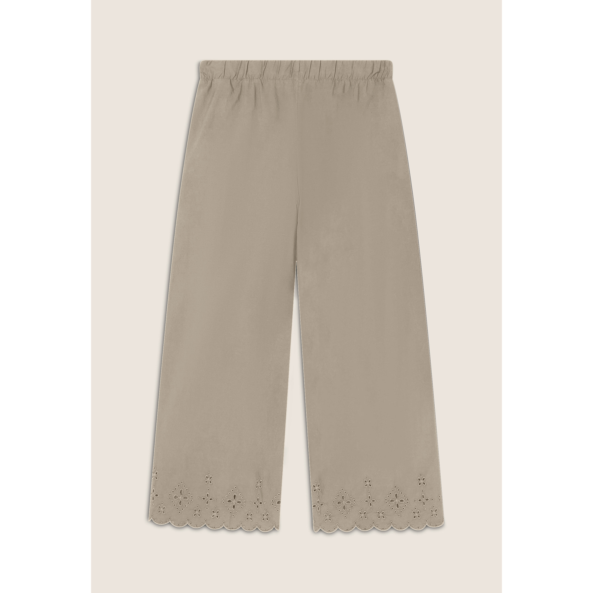 Pantaloni wide leg in cotone navetta con ricami Sangallo