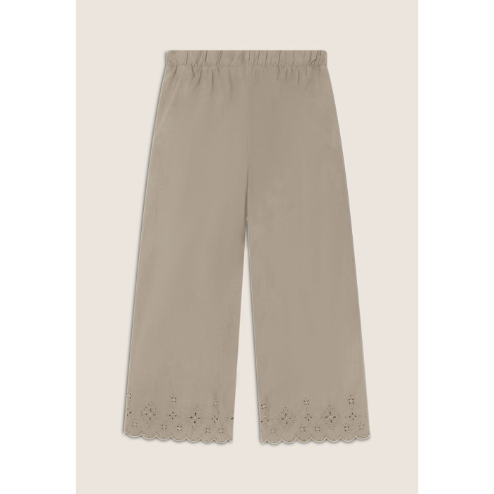 Pantaloni wide leg in cotone navetta con ricami Sangallo