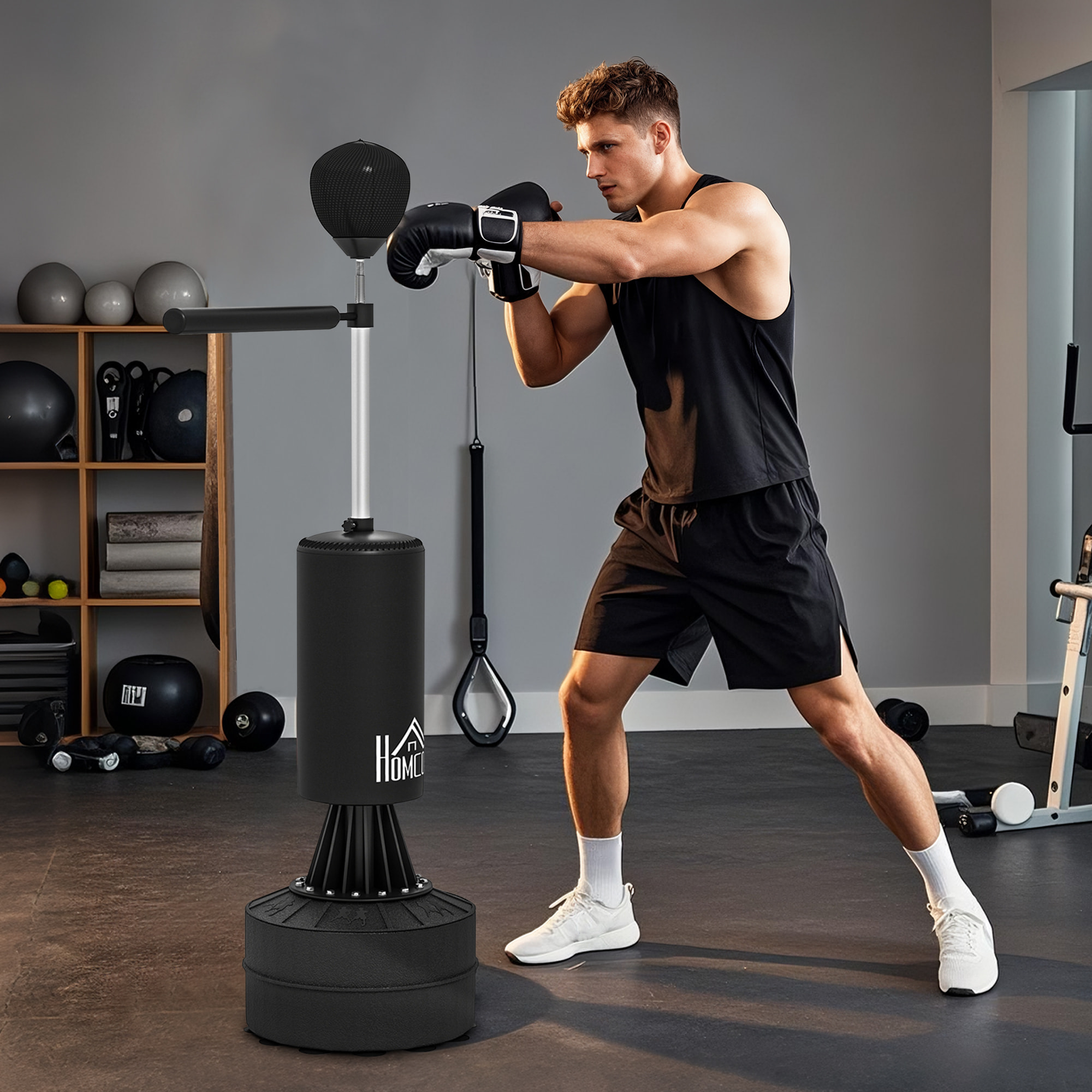 Saco de Boxeo de Pie 155-205 cm, Saco de Boxeo con Barra Giratoria de 360°, Bola de Velocidad y Base Rellenable, Punching Ball para Adultos y Niños, Entrenamiento MMA, Muay Thai, Fitness, Negro