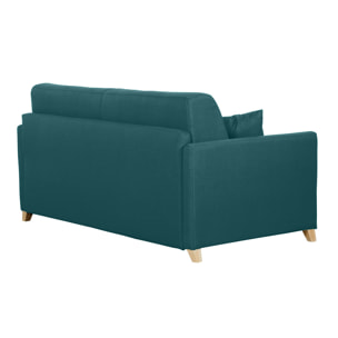 Canapé convertible 3 places en tissu bleu canard et bois clair avec matelas 18 cm SKANDY