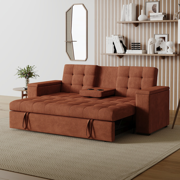 Canapé 3 places convertible avec tablette centrale et accoudoirs amovibles terracotta velours côtelé TILIA