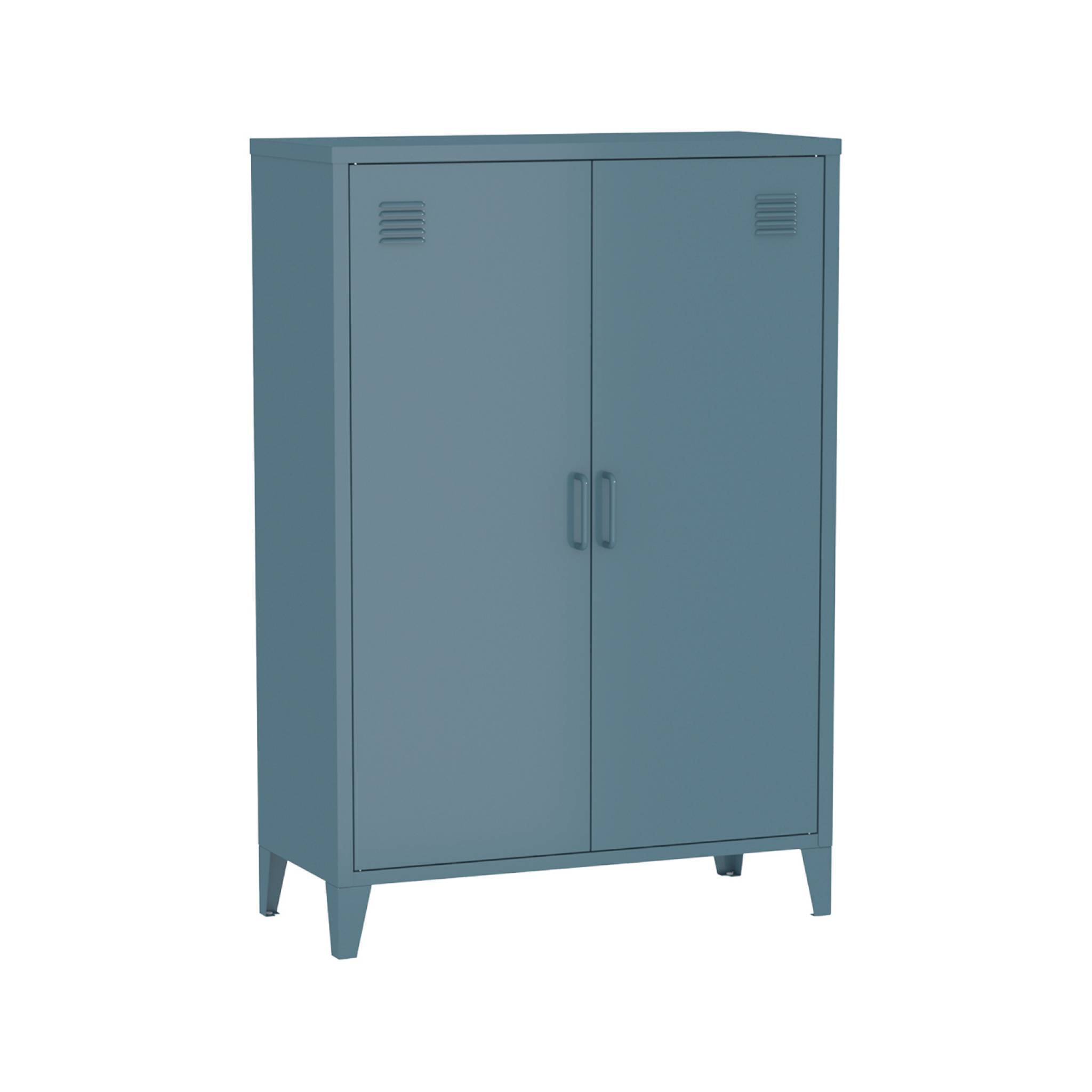 Commode/armoire en métal bleu. 2 espaces de rangement. casiers