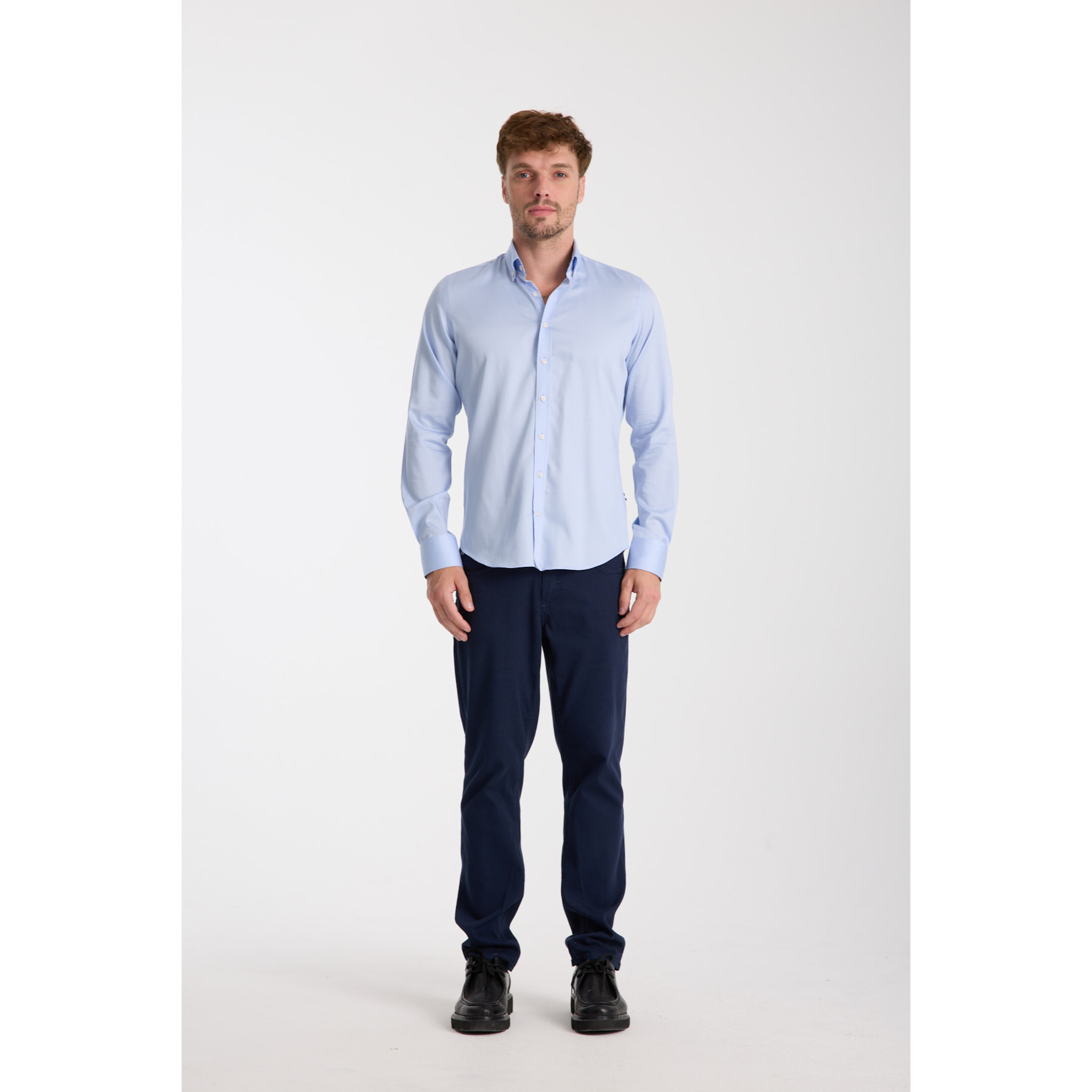 camicia uomo 1 bottone button down slim Satin Unito Celeste