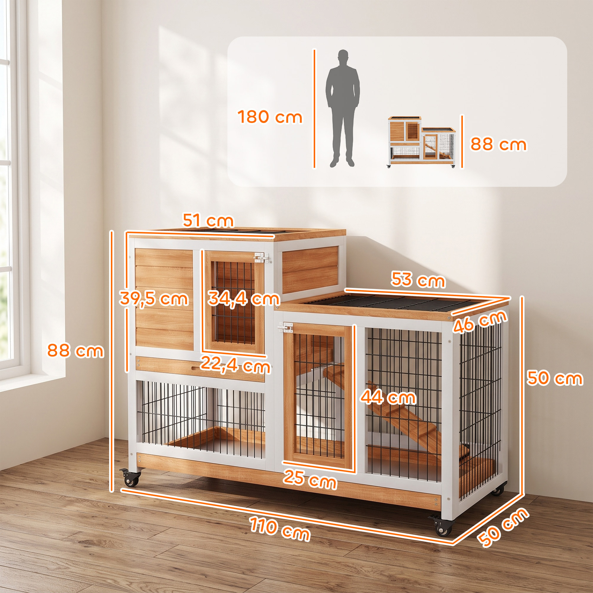 Clapier lapin mobile - niche, rampe, plateau déjection, 2 portes - bois blanc