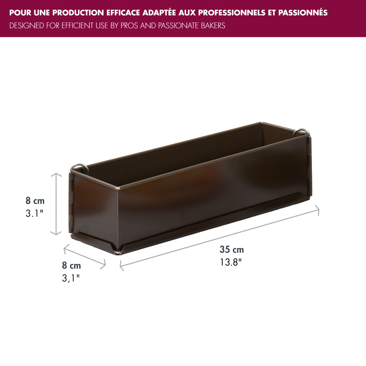 Moule à Pâté Croute long uni - Antiadhérent (sans PFAS) - à charnière - fond démontable - 350 x 80 x 80 mm