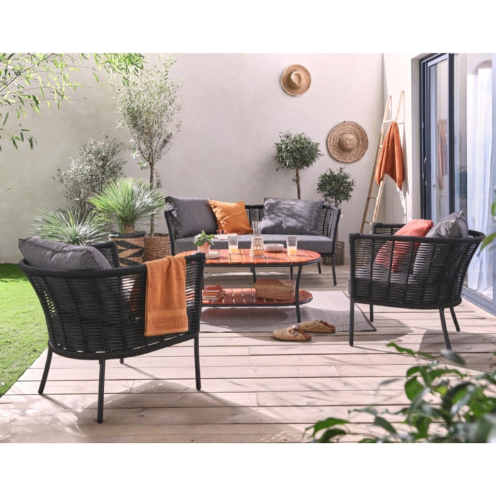 MOANA - salon bas de jardin 4 pl + table - corde, métal et bois - noir coussins gris - housse de protection - Multicolore