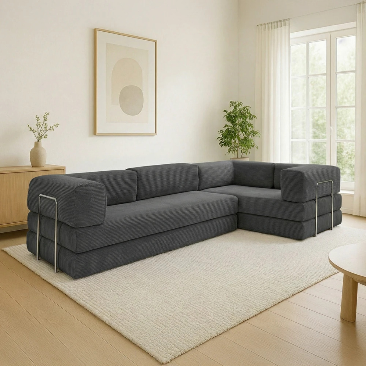 TRENDY - Canapé compressé 5 places angle modulable en velours côtelé anthracite