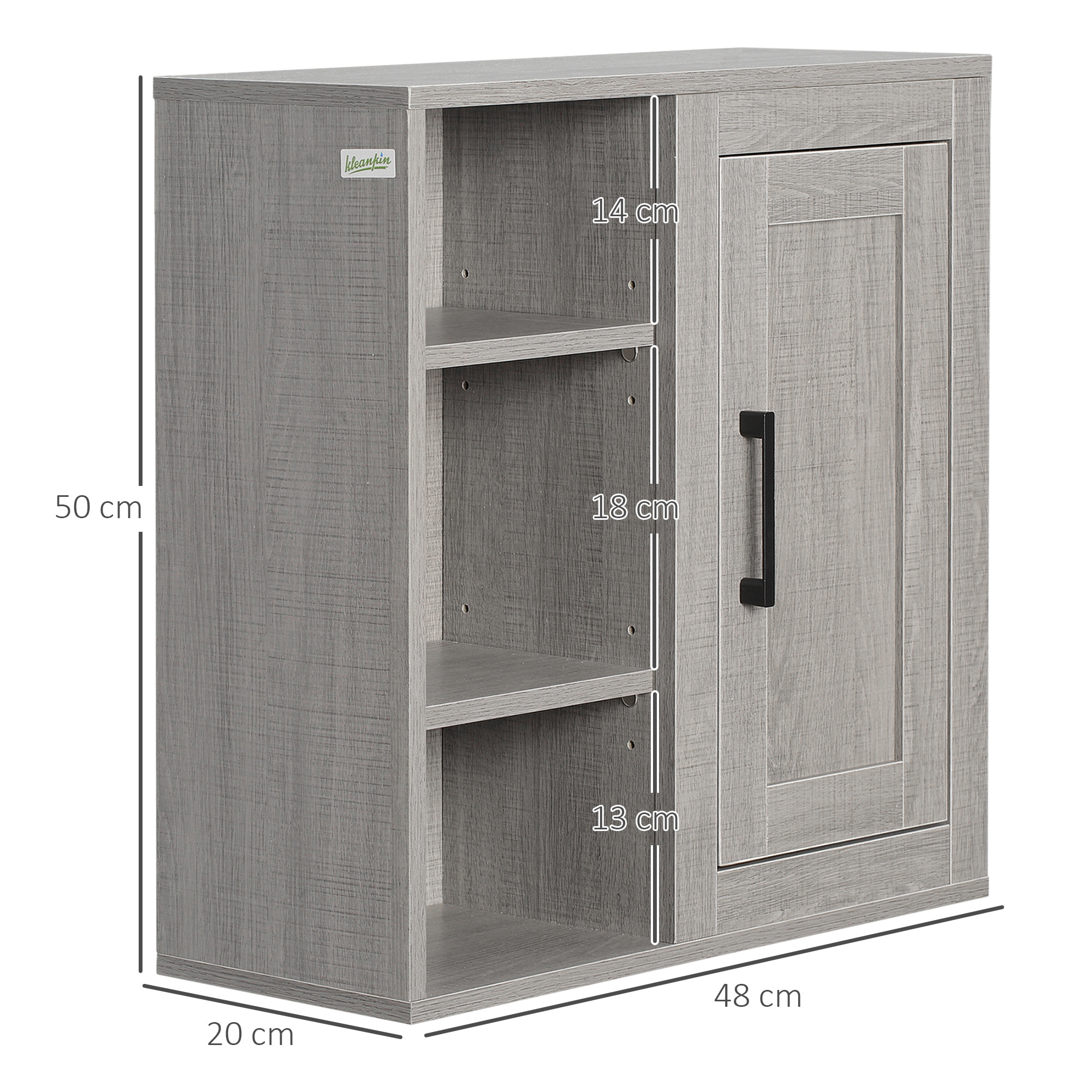 Armario de Baño de Pared con 3 Estantes Abiertos y 1 Puerta Mueble Auxiliar Suspendido para Salón Aseo Dormitorio Estilo Moderno 48x20x50 cm Gris