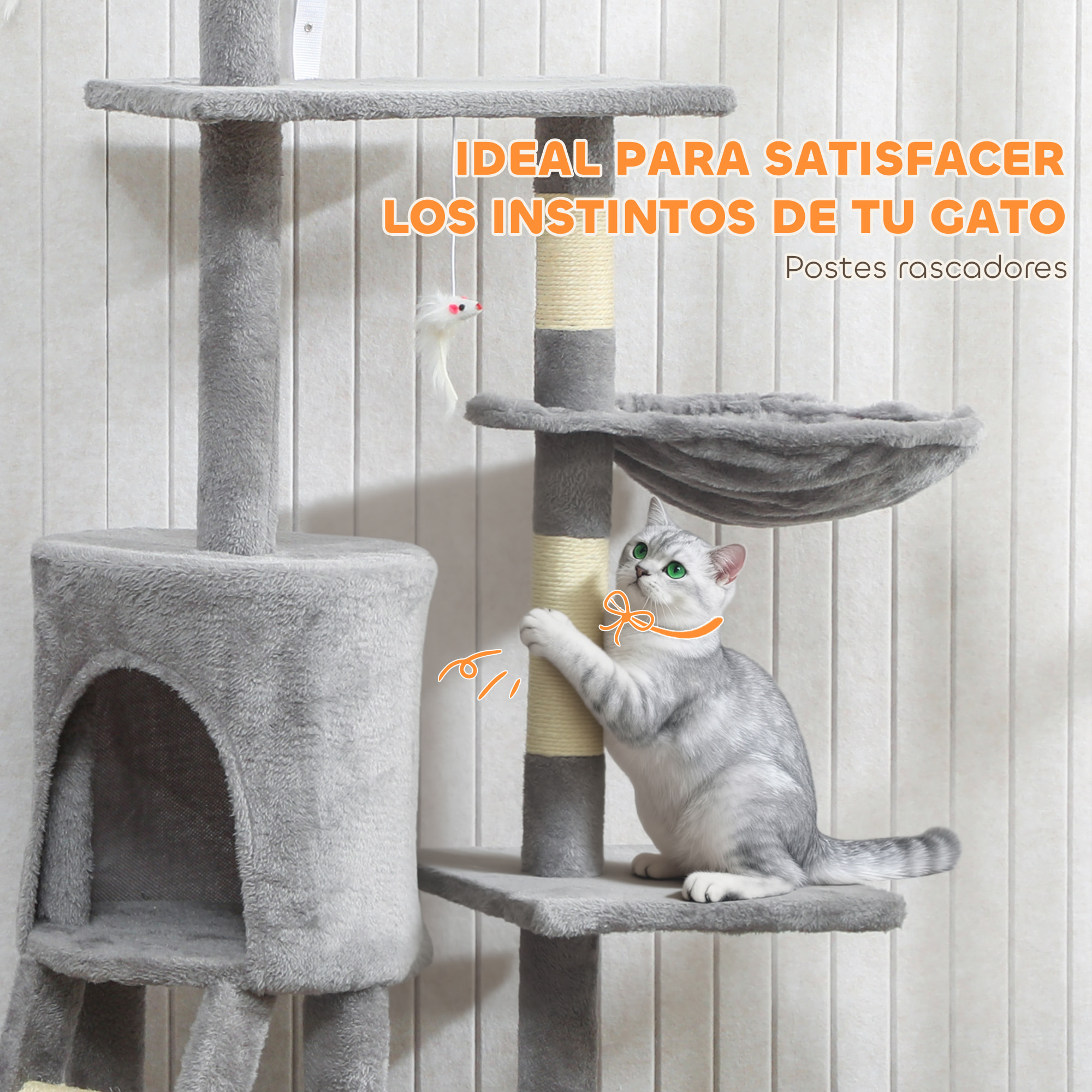 Árbol Rascador para Gatos Grande, Árbol para Gatos, Altura 134 cm, Torre de Escalada con 6 Postes de Sisal, 3 Plataformas, 1 Cueva, 1 Hamaca, 1 Escalera, 4 Juguetes Colgantes, Gris