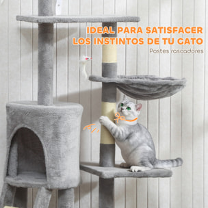 Árbol Rascador para Gatos Grande, Árbol para Gatos, Altura 134 cm, Torre de Escalada con 6 Postes de Sisal, 3 Plataformas, 1 Cueva, 1 Hamaca, 1 Escalera, 4 Juguetes Colgantes, Gris