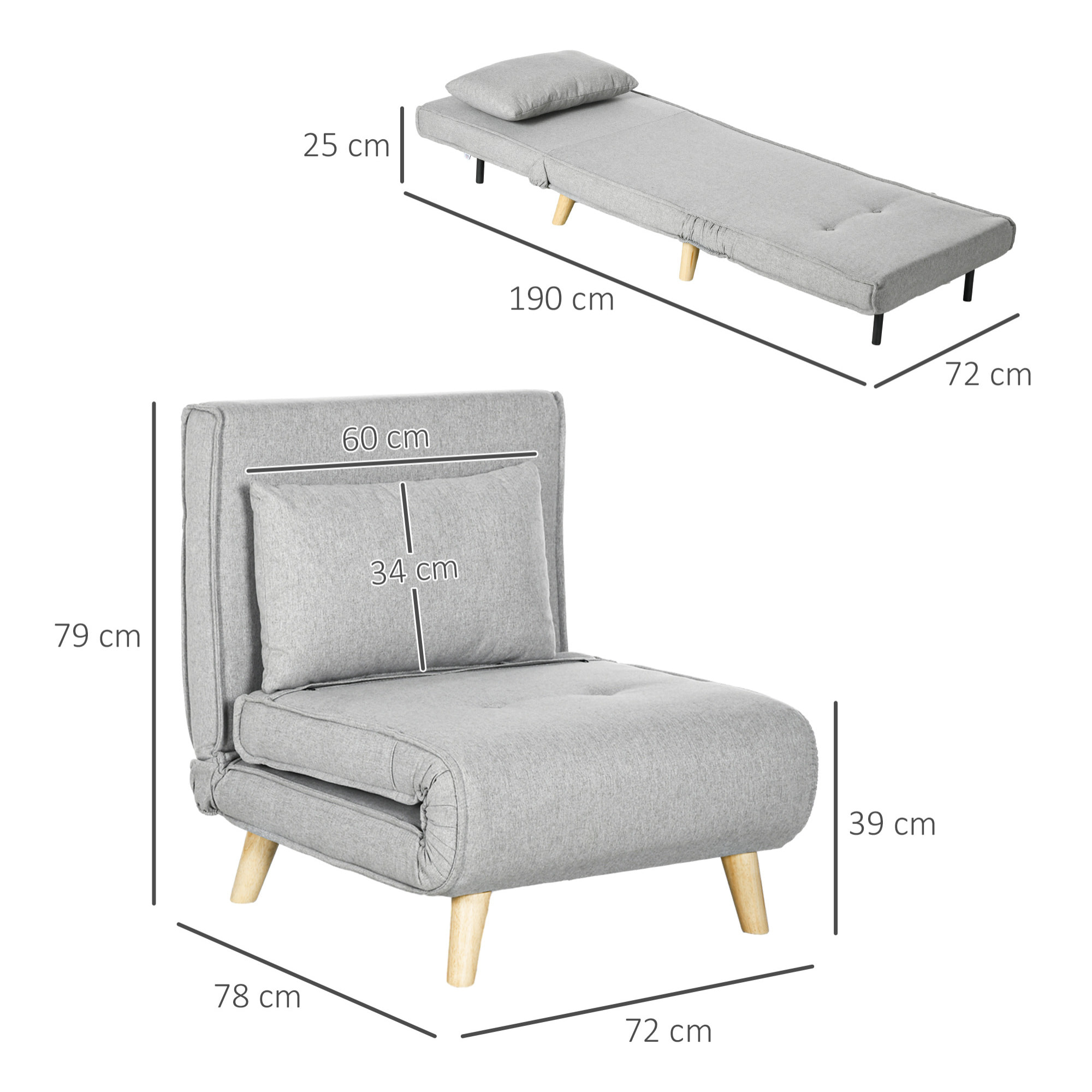 Sofá Cama Individual Sillón Cama Plegable Tapizado en Lino Sintético con Respaldo Ajustable en 6 Posiciones y Almohada Sofá Cama para Salón 72x78x79 cm Gris