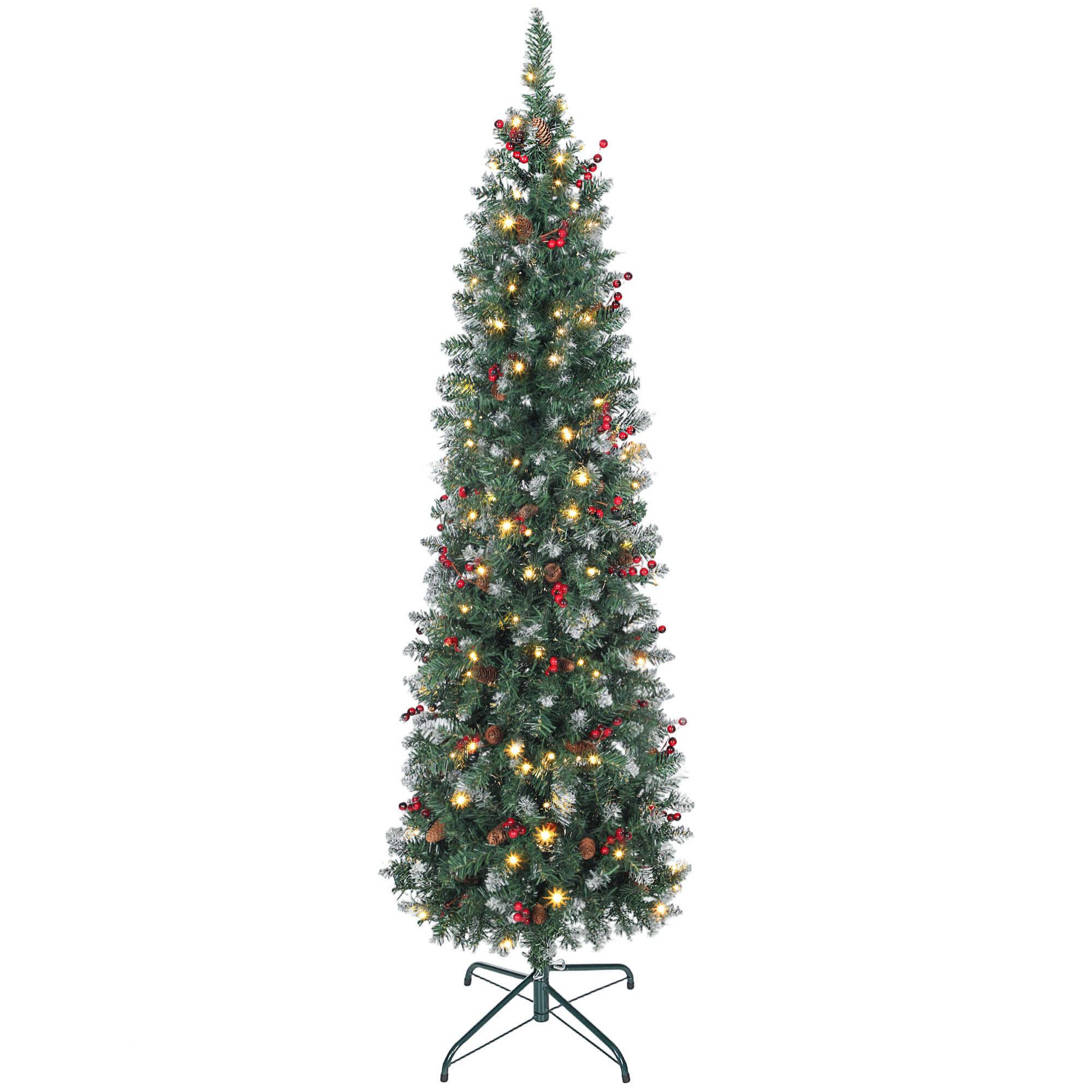 Árbol de Navidad Estrecho 180 cm, Árbol de Navidad Artificial con Luces LED Blanca Cálida, 8 Modos de Iluminación, 461 Ramas con Purpurina Plateada, Piñas, Bayas y Soporte Metálico, Verde