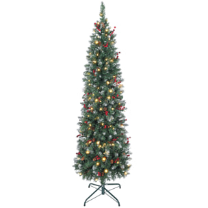 Árbol de Navidad Estrecho 180 cm, Árbol de Navidad Artificial con Luces LED Blanca Cálida, 8 Modos de Iluminación, 461 Ramas con Purpurina Plateada, Piñas, Bayas y Soporte Metálico, Verde