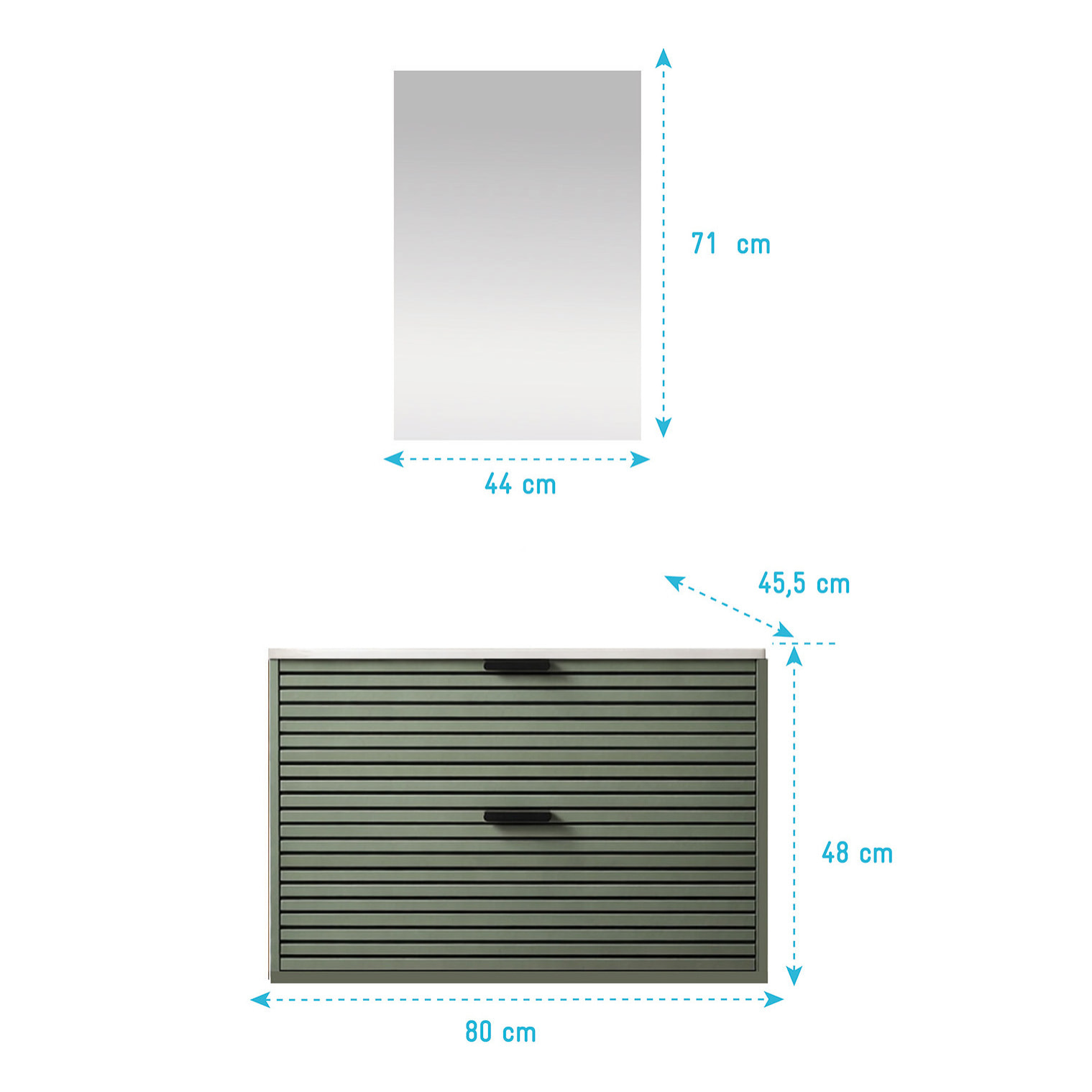Meuble Salle de Bain Cranté Vert et Noir 80cm - 2 Tiroirs, Vasque et Miroir - MALO