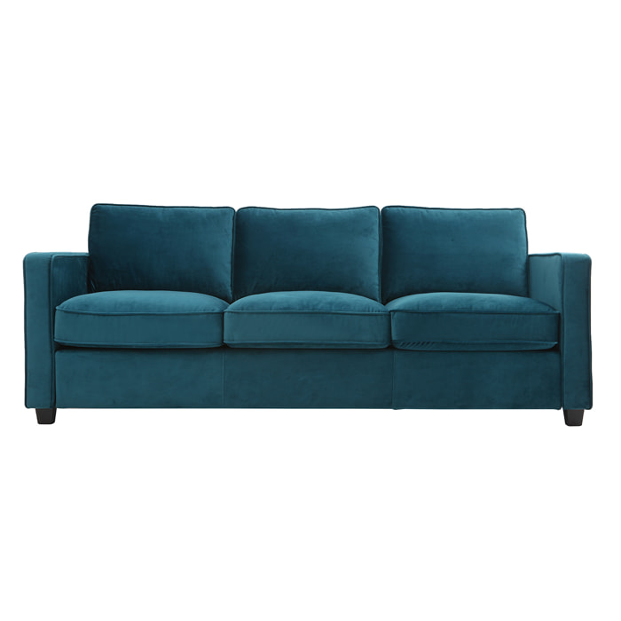 Canapé design 3 places en tissu velours bleu pétrole et bois noir BROOKLYN