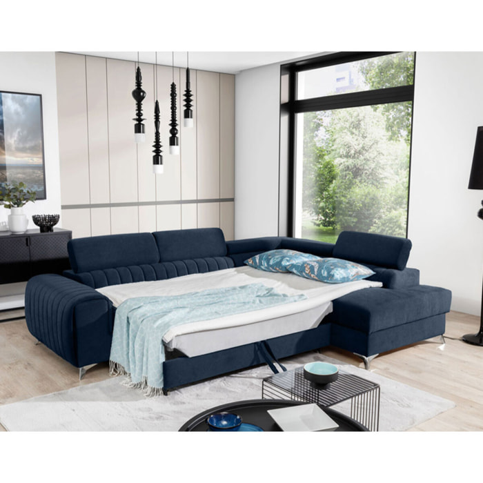 Talisay - canapé d'angle droit - 5 places - convertible avec coffre - en velours - Bleu marine