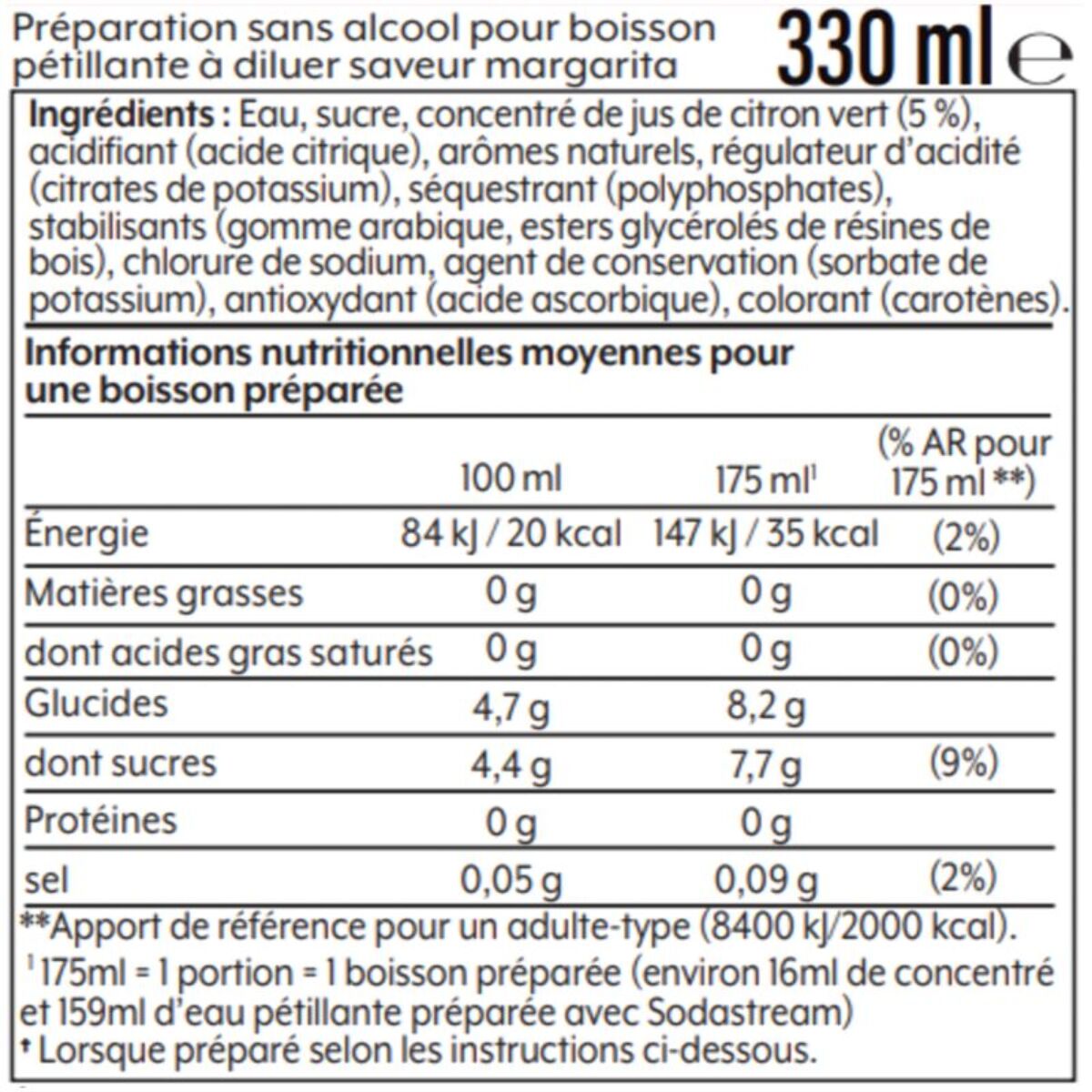 Concentré SODASTREAM mixer saveur Margarita sans alcool 330mL