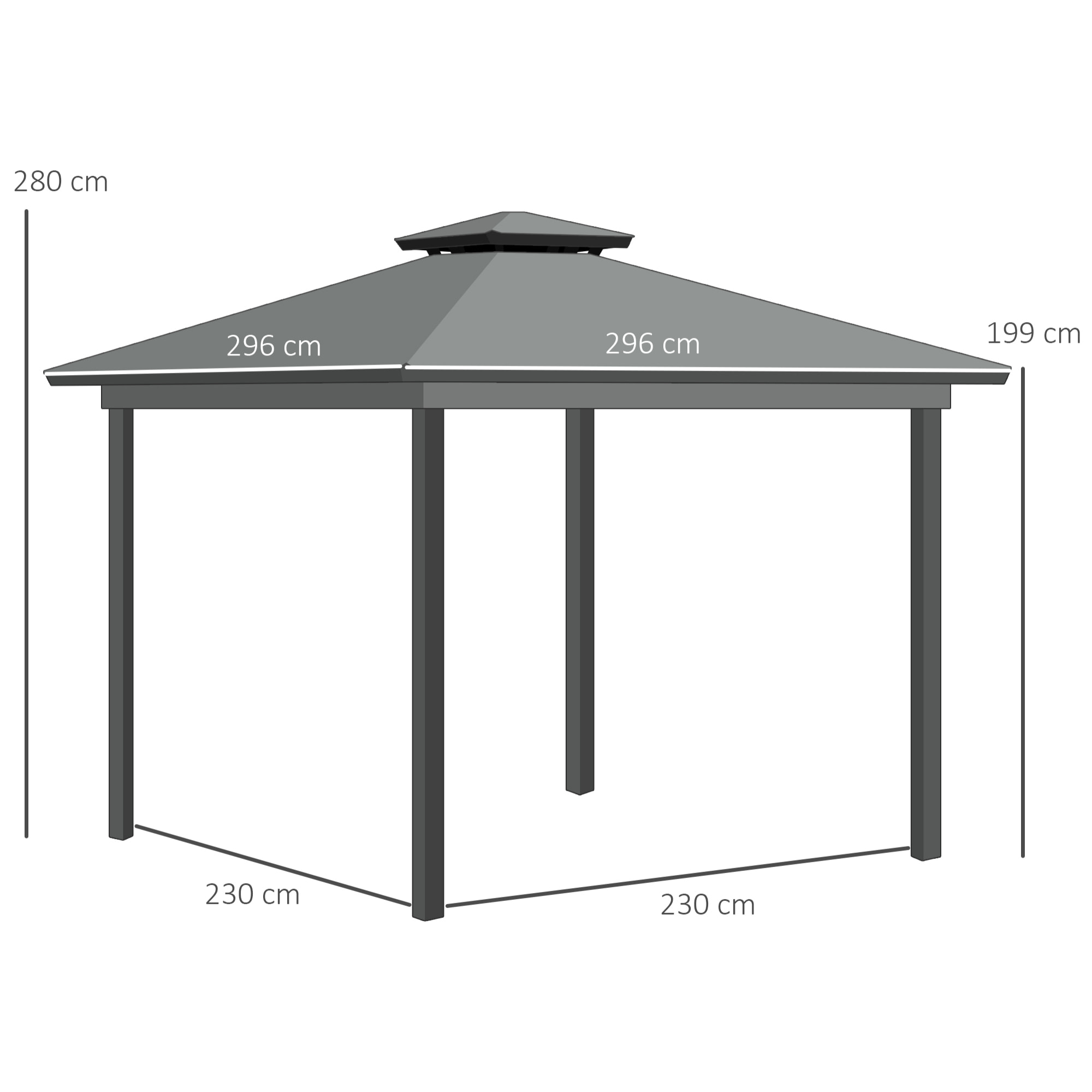 Pavillon de jardin style contemporain - barnum avec rideaux - dim. 2,96L x 2,96l x 2,8H m - alu. polyester gris