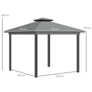 Pavillon de jardin style contemporain - barnum avec rideaux - dim. 2,96L x 2,96l x 2,8H m - alu. polyester gris