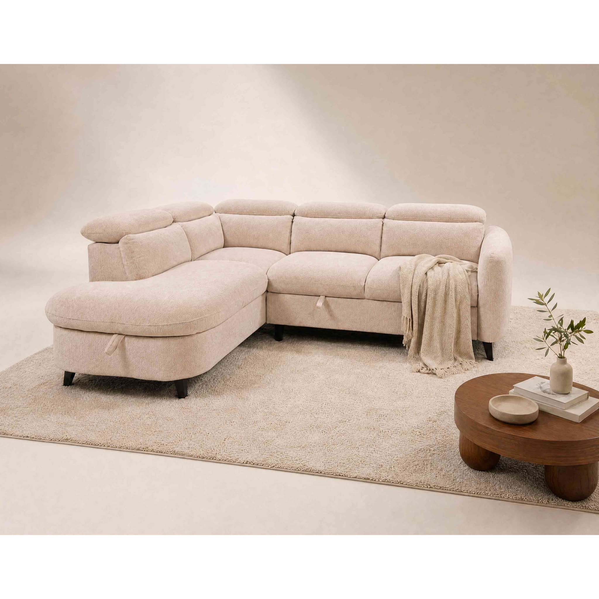 Opaline - Canapé d'angle gauche 5 places convertible avec têtières et coffre en tissu texturé - Beige